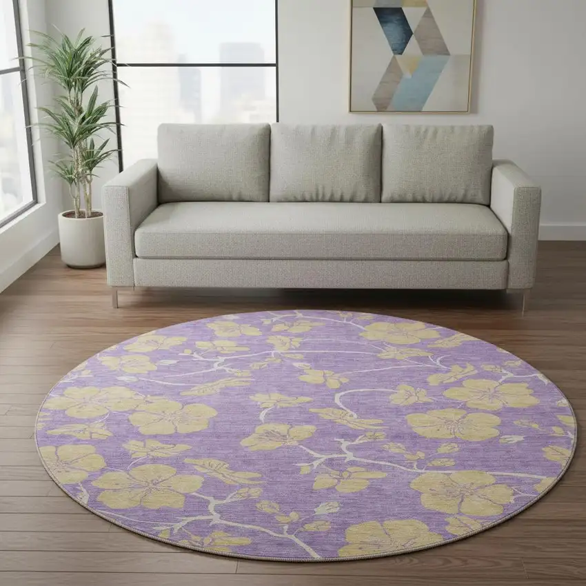 8' Purple And Gold Floral Washable Round Rug With UV Protection Photo 2