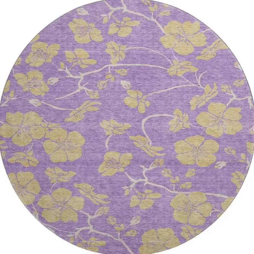 8' Purple And Gold Floral Washable Round Rug With UV Protection Photo 3