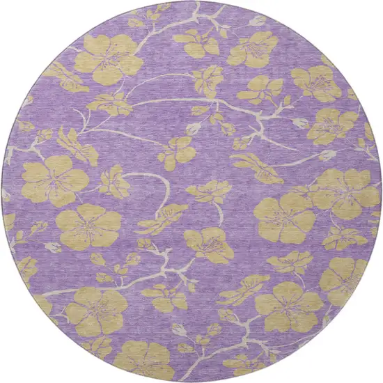 8' Purple And Gold Floral Washable Round Rug With UV Protection Photo 3