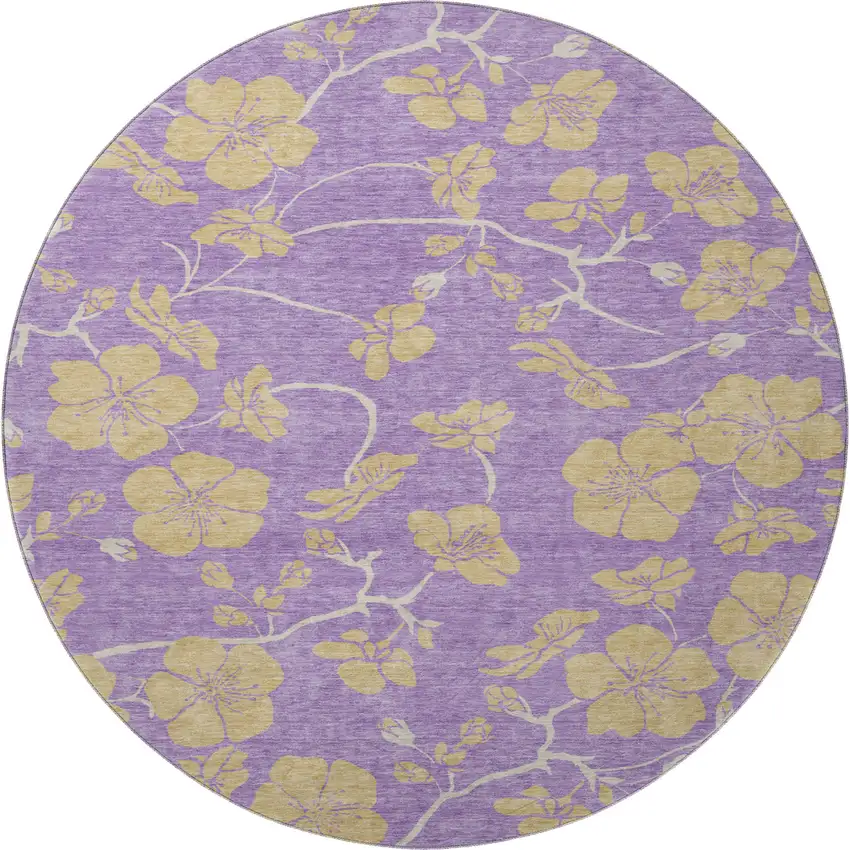 8' Purple And Gold Floral Washable Round Rug With UV Protection Photo 3