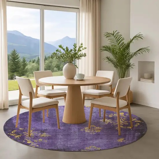 8' Purple And Gold Floral Washable Round Rug With UV Protection Photo 4