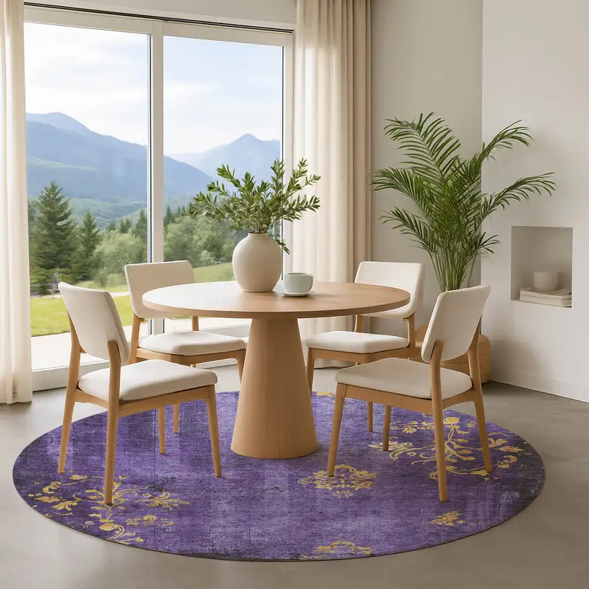 8' Purple And Gold Floral Washable Round Rug With UV Protection Photo 4