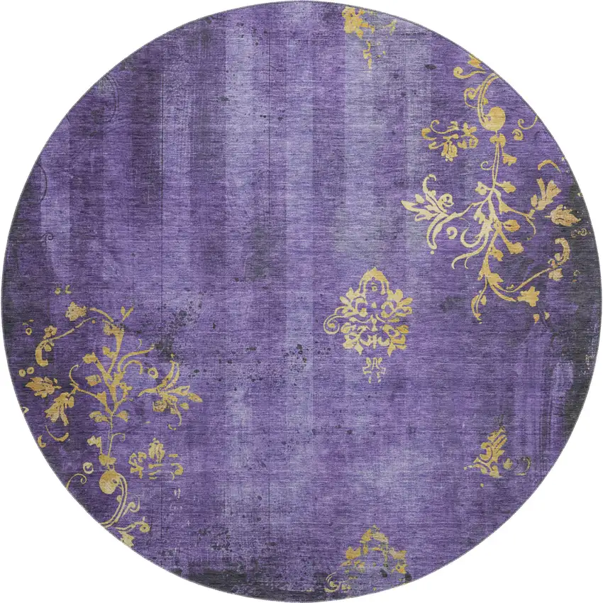 8' Purple And Gold Floral Washable Round Rug With UV Protection Photo 1