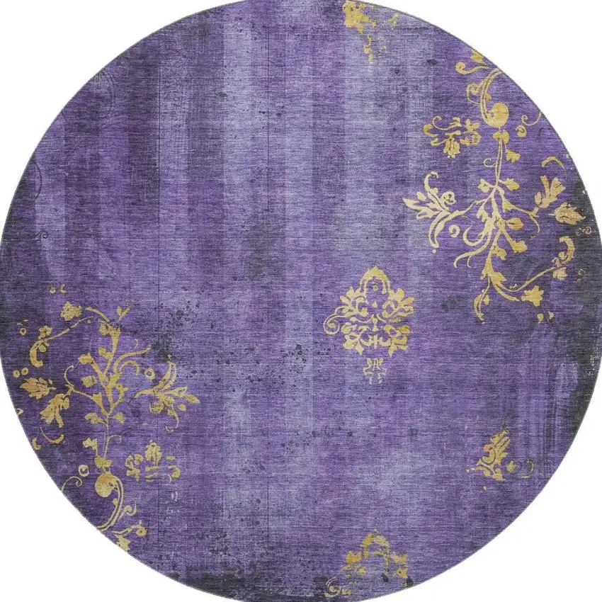 8' Purple And Gold Floral Washable Round Rug With UV Protection Photo 2