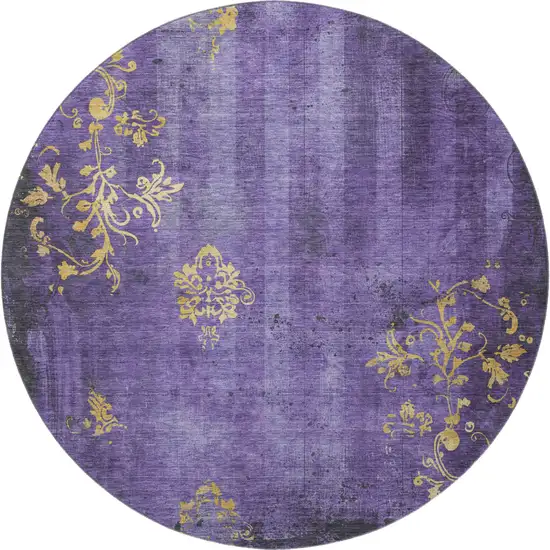 8' Purple And Gold Floral Washable Round Rug With UV Protection Photo 3