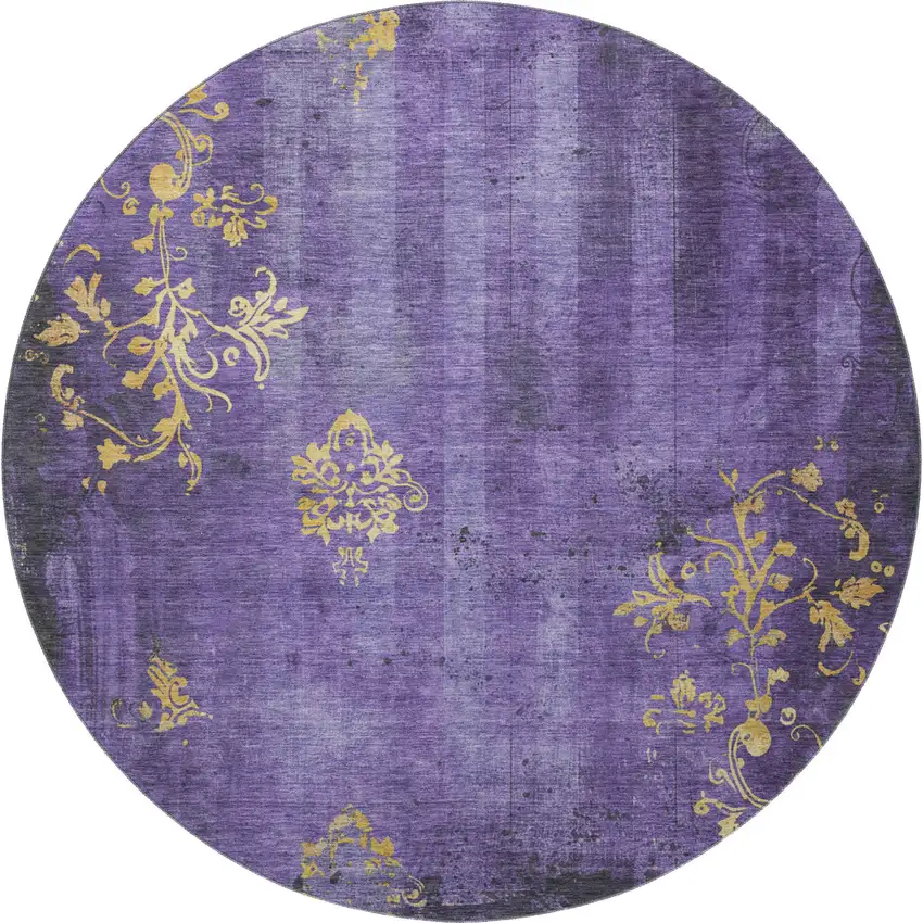 8' Purple And Gold Floral Washable Round Rug With UV Protection Photo 3