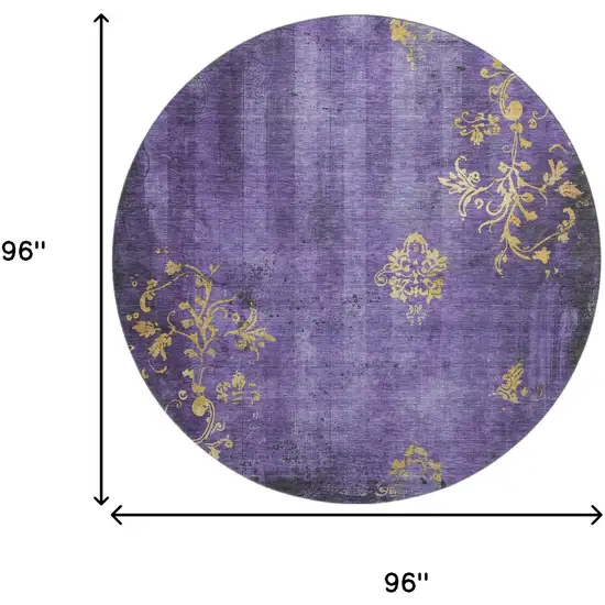 8' Purple And Gold Floral Washable Round Rug With UV Protection Photo 9