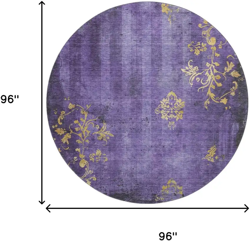 8' Purple And Gold Floral Washable Round Rug With UV Protection Photo 9