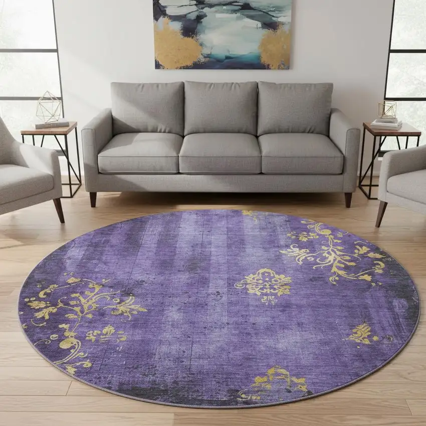 8' Purple And Gold Floral Washable Round Rug With UV Protection Photo 2