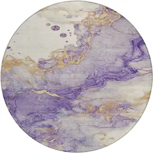 Photo of 8' Purple And Gold Round Abstract Washable Indoor Outdoor Area Rug