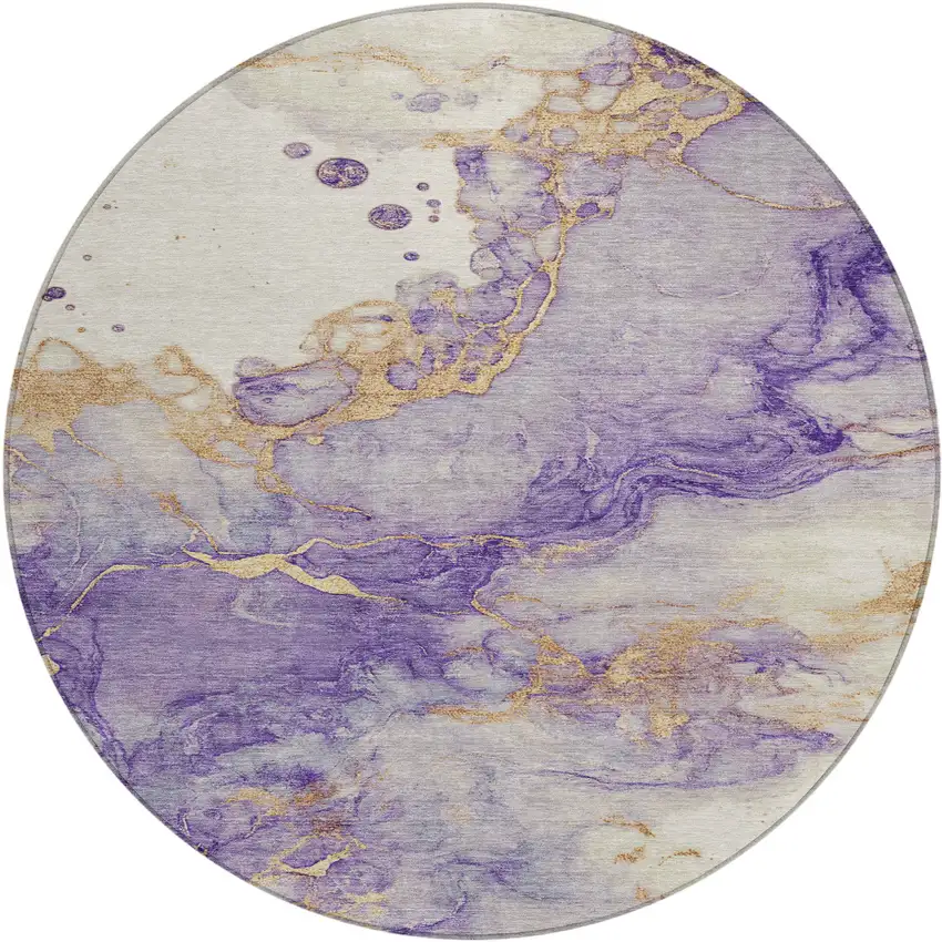 8' Purple And Gold Round Abstract Washable Indoor Outdoor Area Rug Photo 1