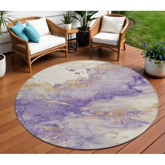 8' Purple And Gold Round Abstract Washable Indoor Outdoor Area Rug Photo 2