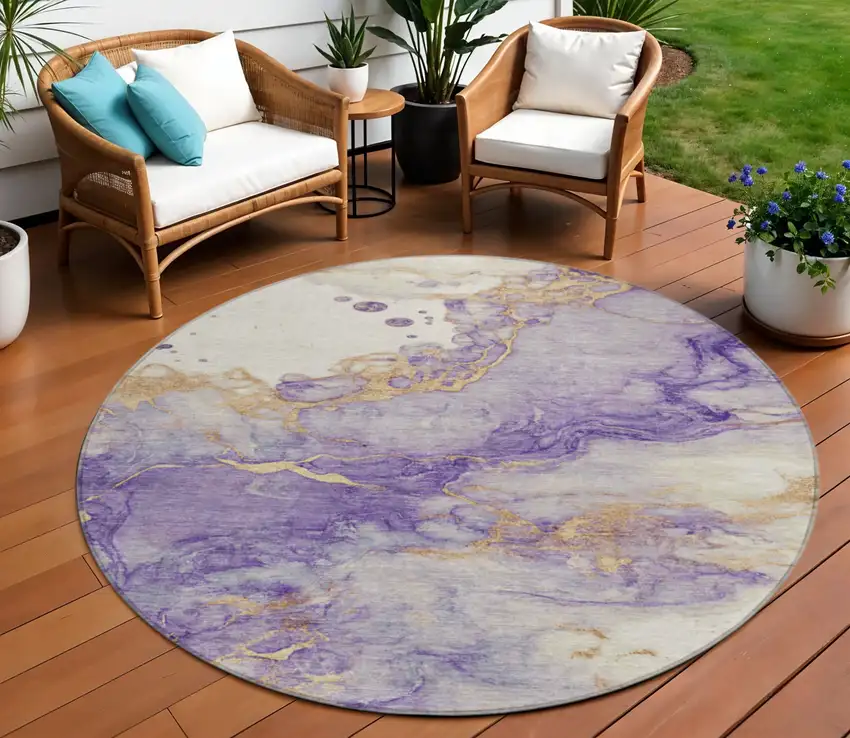 8' Purple And Gold Round Abstract Washable Indoor Outdoor Area Rug Photo 2