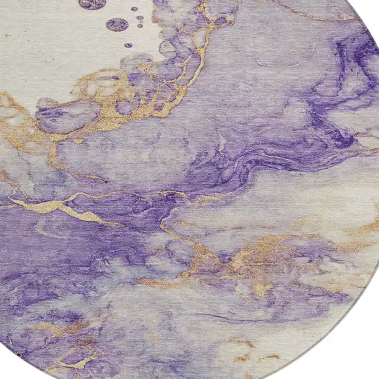8' Purple And Gold Round Abstract Washable Indoor Outdoor Area Rug Photo 9