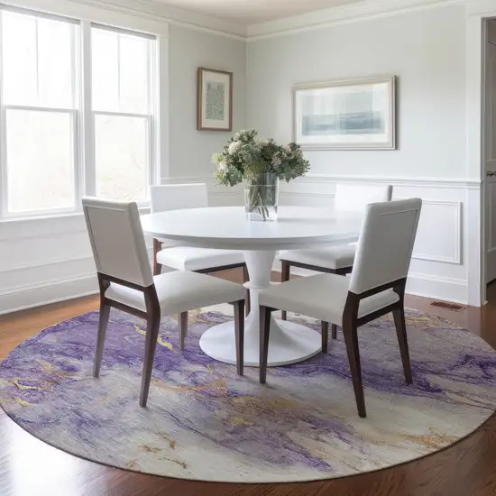 8' Purple And Gold Round Abstract Washable Indoor Outdoor Area Rug Photo 6