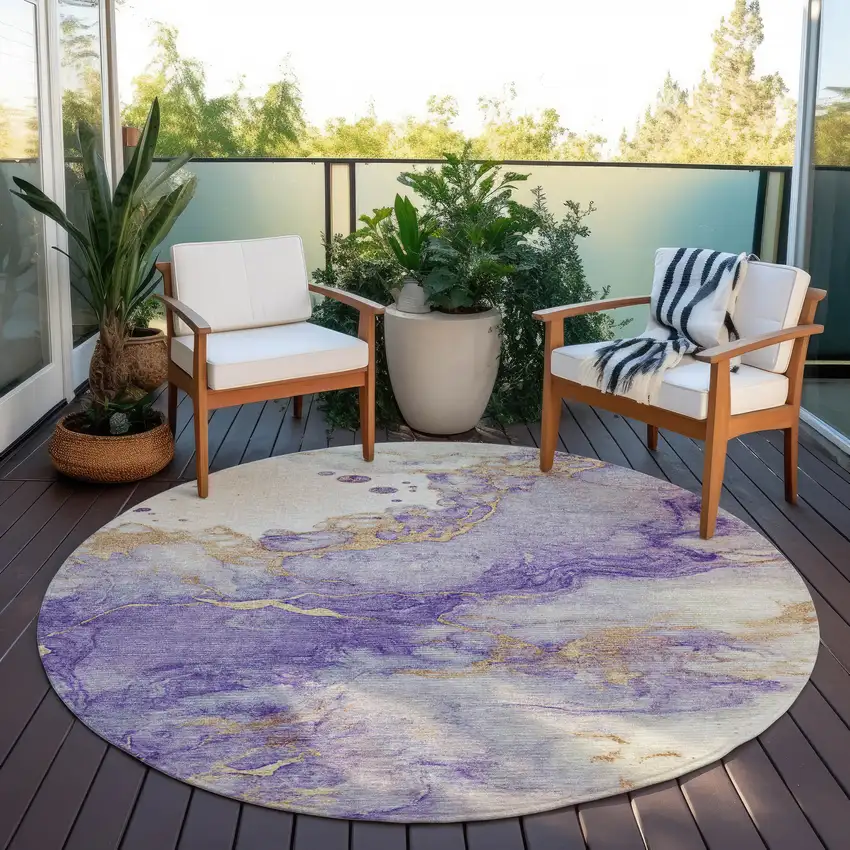8' Purple And Gold Round Abstract Washable Indoor Outdoor Area Rug Photo 5