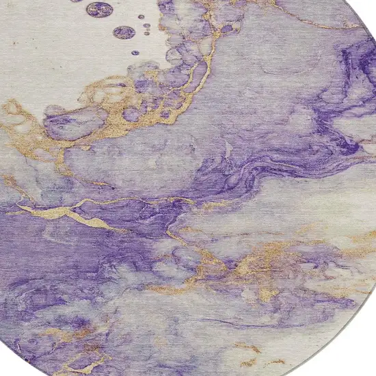 8' Purple And Gold Round Abstract Washable Indoor Outdoor Area Rug Photo 4