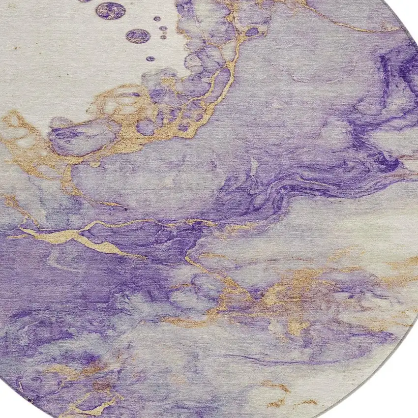 8' Purple And Gold Round Abstract Washable Indoor Outdoor Area Rug Photo 4