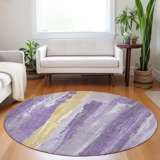 8' Purple And Gold Round Abstract Washable Indoor Outdoor Area Rug Photo 6