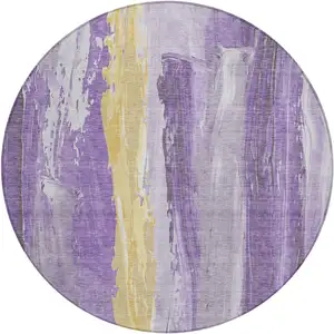 Photo of 8' Purple And Gold Round Abstract Washable Indoor Outdoor Area Rug