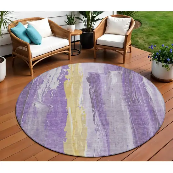8' Purple And Gold Round Abstract Washable Indoor Outdoor Area Rug Photo 2