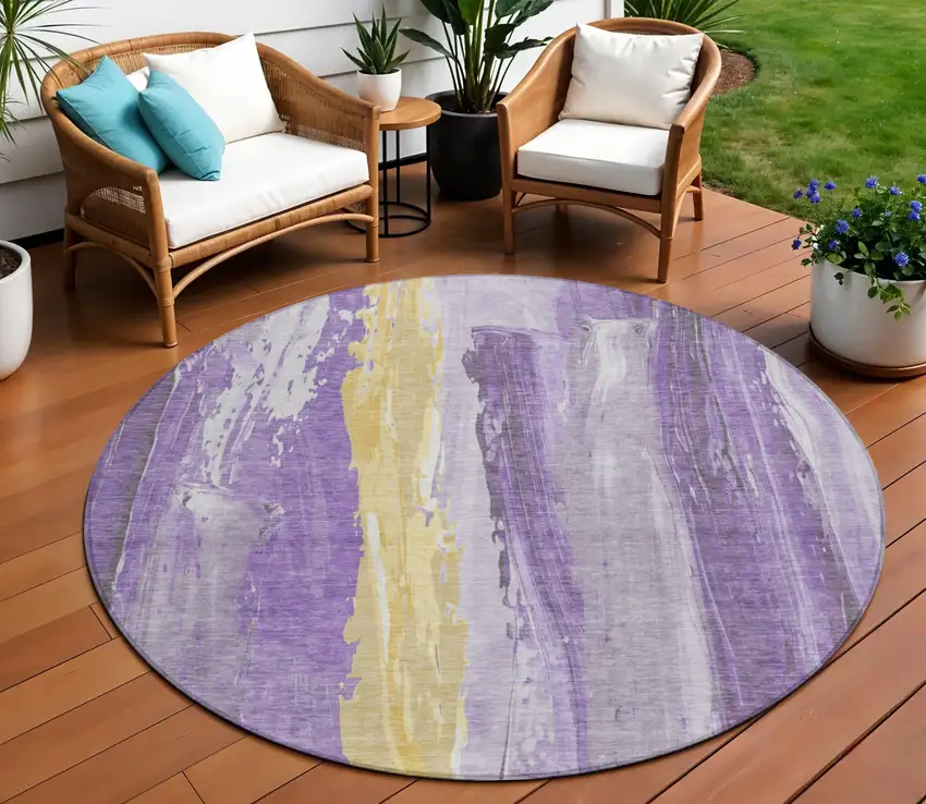 8' Purple And Gold Round Abstract Washable Indoor Outdoor Area Rug Photo 2