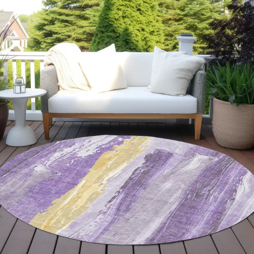 8' Purple And Gold Round Abstract Washable Indoor Outdoor Area Rug Photo 5
