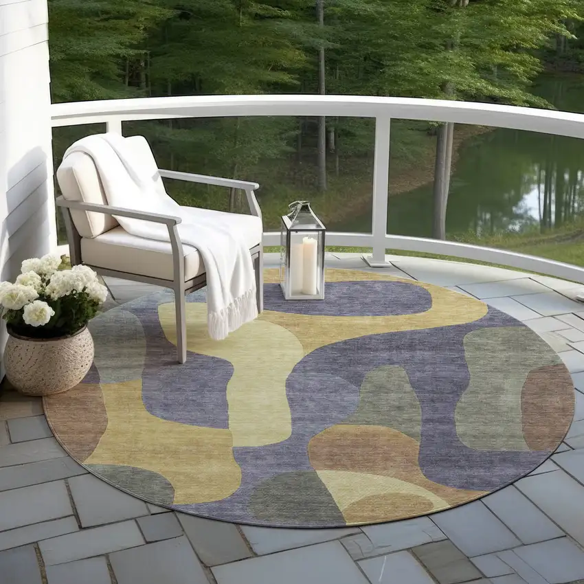 8' Purple And Gold Round Abstract Washable Indoor Outdoor Area Rug Photo 6