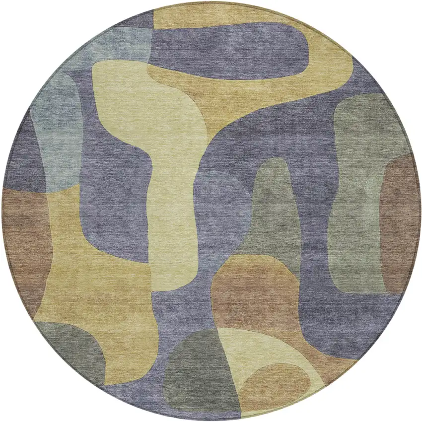 8' Purple And Gold Round Abstract Washable Indoor Outdoor Area Rug Photo 1