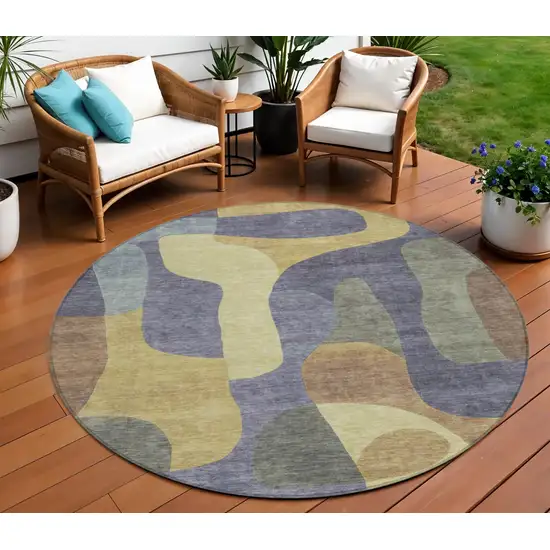 8' Purple And Gold Round Abstract Washable Indoor Outdoor Area Rug Photo 2