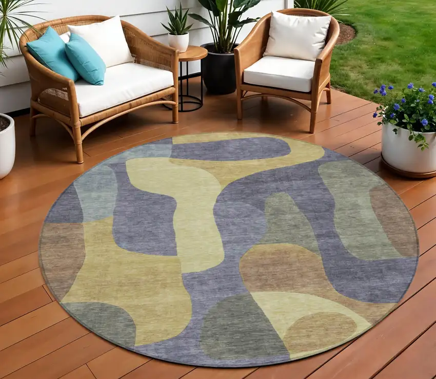 8' Purple And Gold Round Abstract Washable Indoor Outdoor Area Rug Photo 2