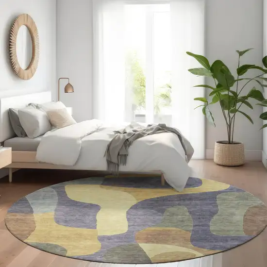 8' Purple And Gold Round Abstract Washable Indoor Outdoor Area Rug Photo 7