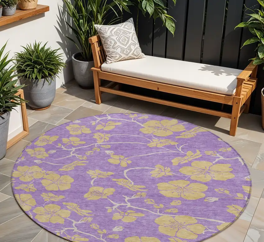 8' Purple And Gold Round Floral Washable Indoor Outdoor Area Rug Photo 1