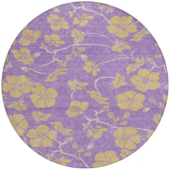 8' Purple And Gold Round Floral Washable Indoor Outdoor Area Rug Photo 6