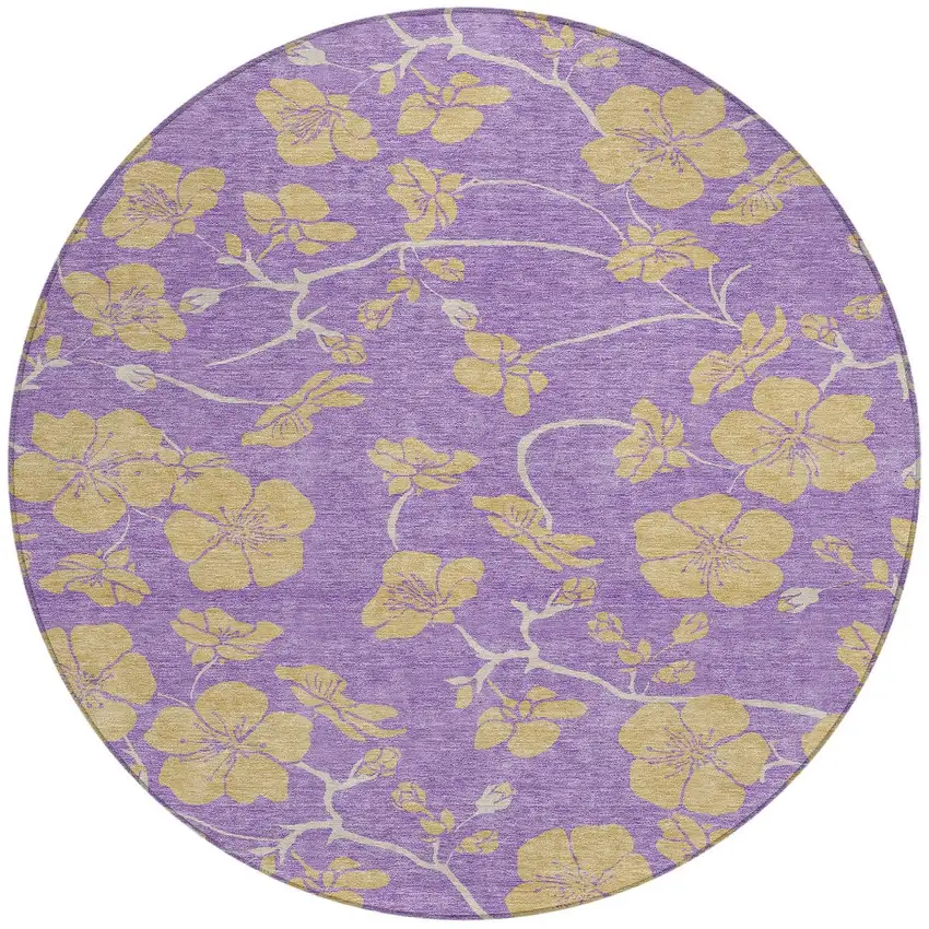 8' Purple And Gold Round Floral Washable Indoor Outdoor Area Rug Photo 6
