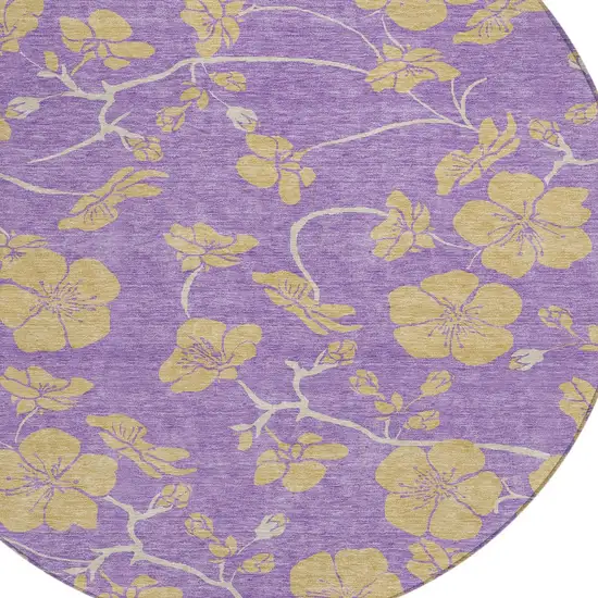 8' Purple And Gold Round Floral Washable Indoor Outdoor Area Rug Photo 5