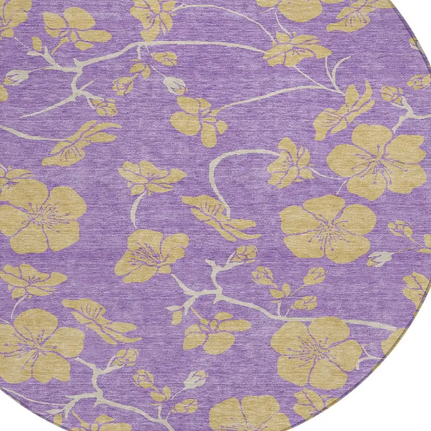 8' Purple And Gold Round Floral Washable Indoor Outdoor Area Rug Photo 5