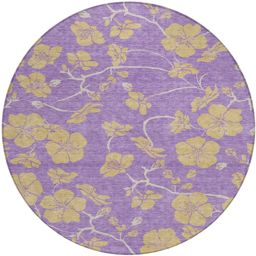 8' Purple And Gold Round Floral Washable Indoor Outdoor Area Rug Photo 2