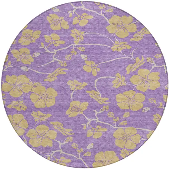 8' Purple And Gold Round Floral Washable Indoor Outdoor Area Rug Photo 2