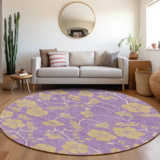 8' Purple And Gold Round Floral Washable Indoor Outdoor Area Rug Photo 8