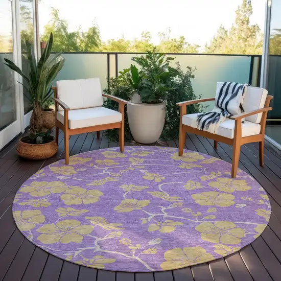 8' Purple And Gold Round Floral Washable Indoor Outdoor Area Rug Photo 7
