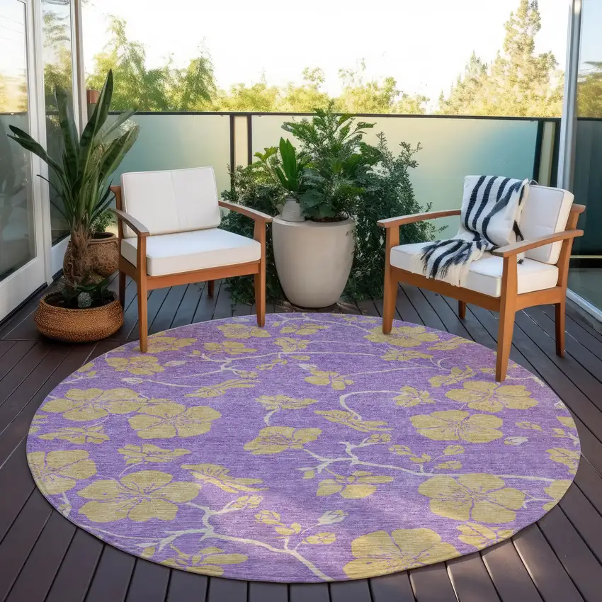 8' Purple And Gold Round Floral Washable Indoor Outdoor Area Rug Photo 7