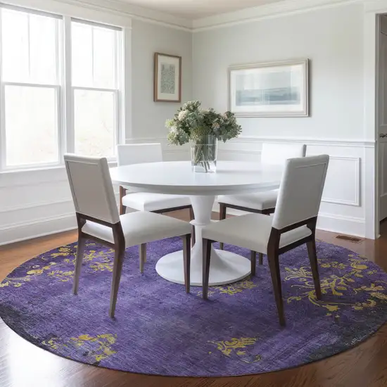 8' Purple And Gold Round Floral Washable Indoor Outdoor Area Rug Photo 6