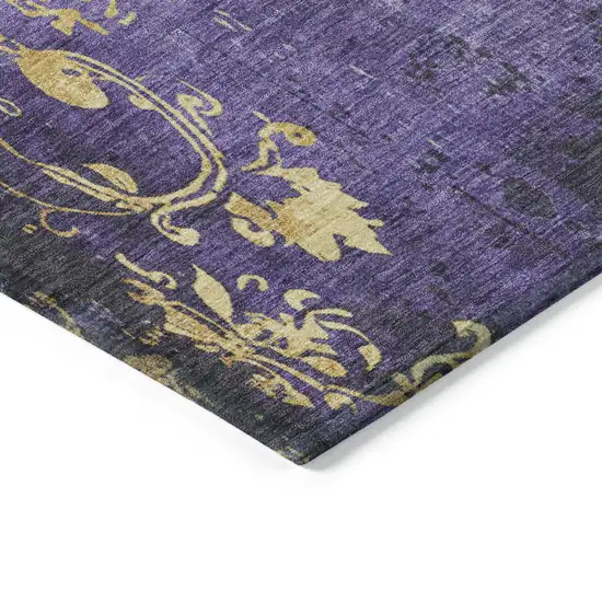 8' Purple And Gold Round Floral Washable Indoor Outdoor Area Rug Photo 7