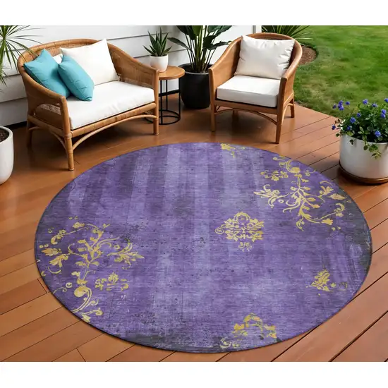 8' Purple And Gold Round Floral Washable Indoor Outdoor Area Rug Photo 2