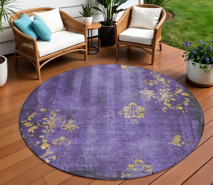 8' Purple And Gold Round Floral Washable Indoor Outdoor Area Rug Photo 2