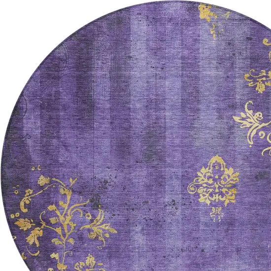 8' Purple And Gold Round Floral Washable Indoor Outdoor Area Rug Photo 9