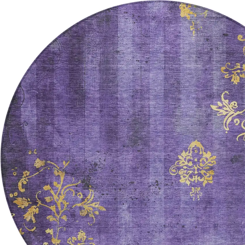 8' Purple And Gold Round Floral Washable Indoor Outdoor Area Rug Photo 9
