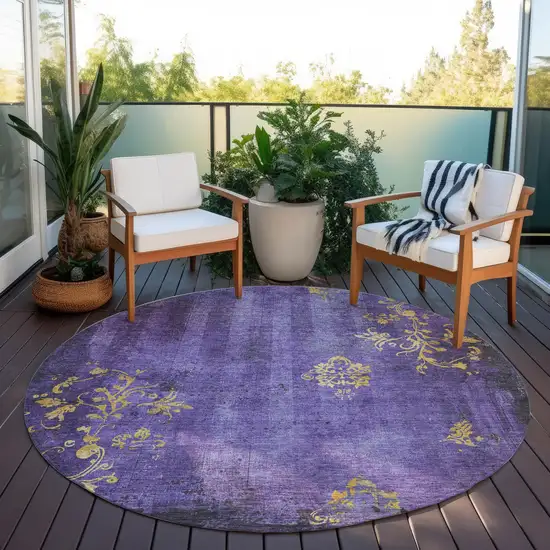 8' Purple And Gold Round Floral Washable Indoor Outdoor Area Rug Photo 5