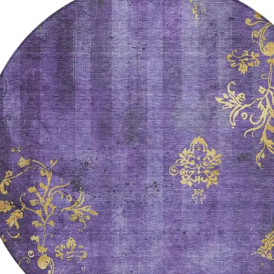 8' Purple And Gold Round Floral Washable Indoor Outdoor Area Rug Photo 4